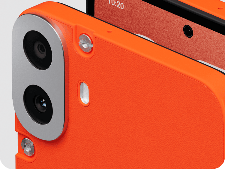 Close-up of an orange phone case showing the dual camera setup and screen.