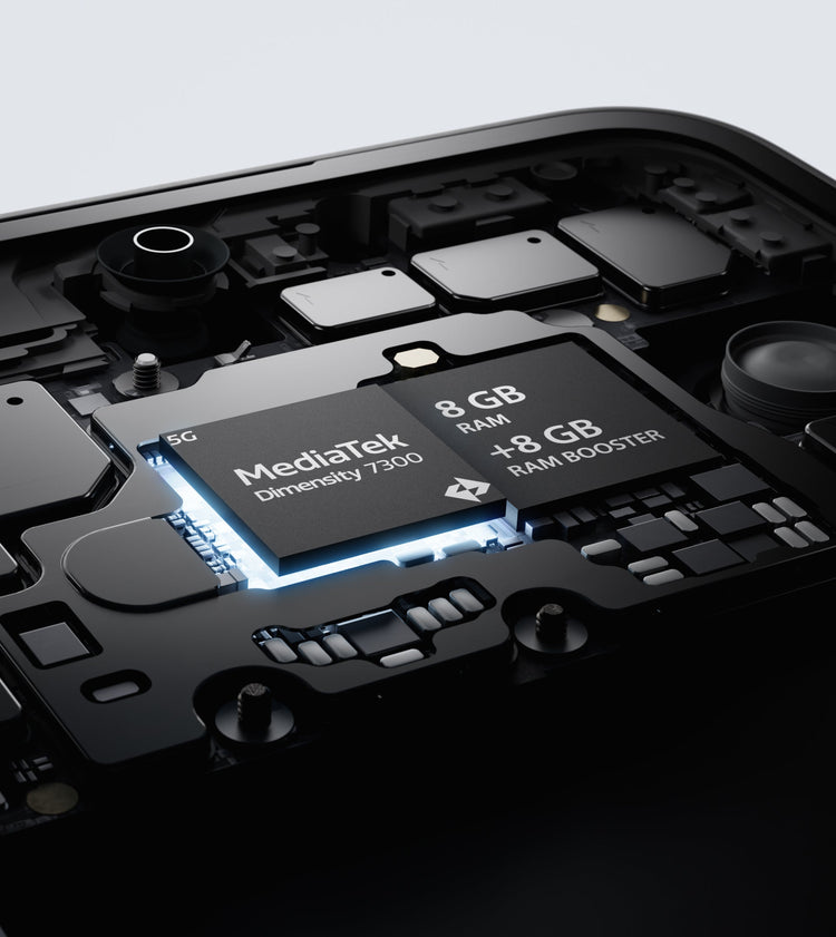 Close-up of a MediaTek Dimensity 7300 chip with 8 GB RAM and an 8 GB RAM booster.