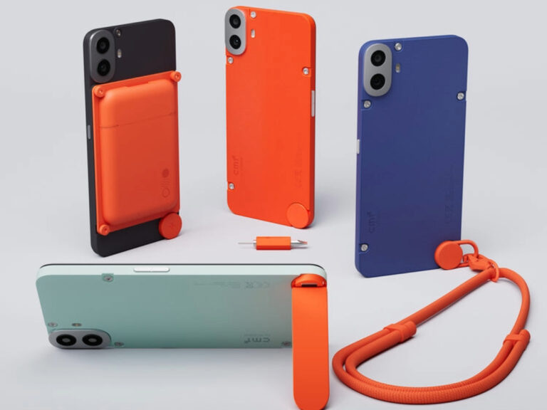 Colorful phone cases and accessories, including a lanyard and tool, on a light background.