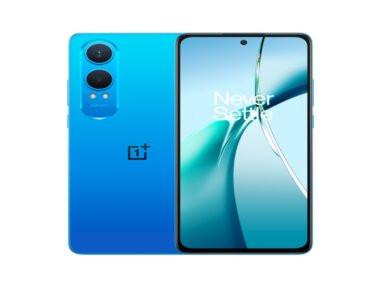 Blue OnePlus Nord CE 4 Lite 5G smartphone with dual rear cameras and a front screen displaying 'Never Settle'.